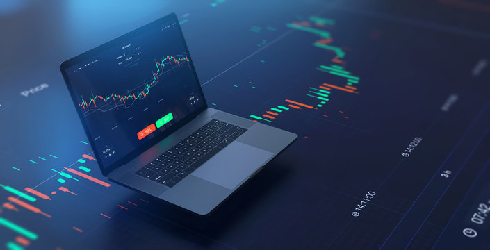 Futuristic stock exchange scene with laptop, chart, numbers and SELL and BUY options (3D illustration)