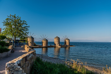 Famous windmills of Chios island a little before the sunset, Greece