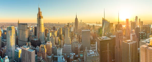 Gordijnen New York City Manhattan gebouwen skyline zonsondergang avond 2019 november © blvdone