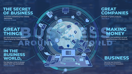 Advertising promo poster about business around the world with text blocks.