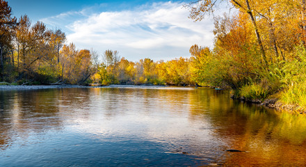 Boise river adorned in fall colored trees with reflection in the water