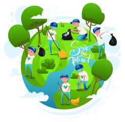 Volunteers characters clean up trash and plant trees on the Earth. Lettering save the planet