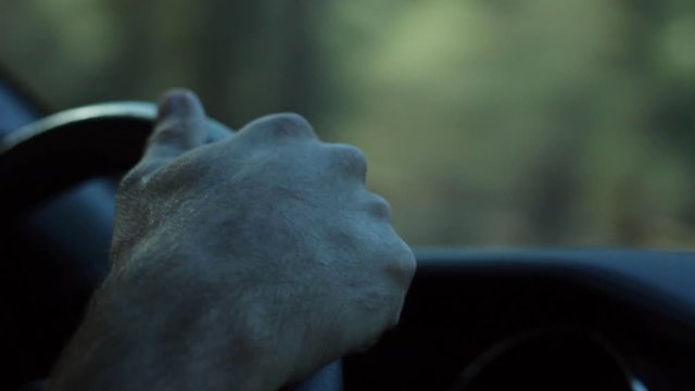 Beautiful closeup shot of a male driver gripping the steering wheel of a sports car while shadows from trees quickly pass over his hand. 
