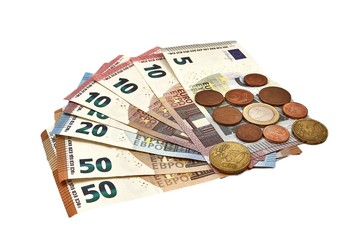 Euro banknotes and coins (no background)