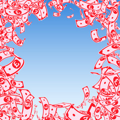 British pound notes falling. Messy GBP bills on bl