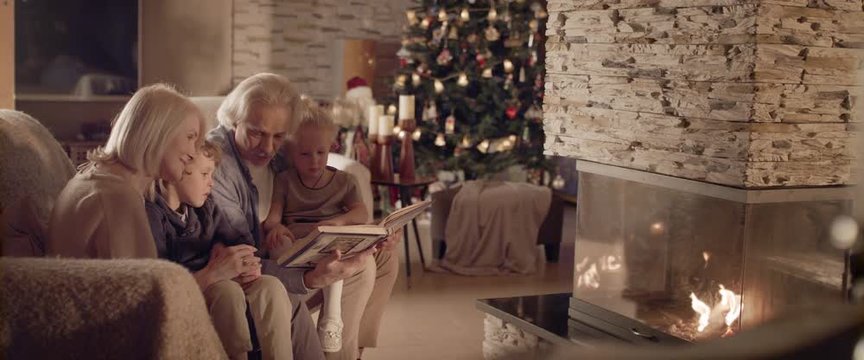 Stock Footage elderly couple grandchildren read book