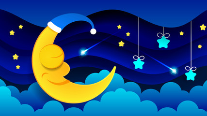 Fototapeta na wymiar Cute Cartoon Moon In The Night Sky. Sleeping Moon Good Night Children. Bright Illustration Suitable For Greeting Card, Poster Or T-shirt Printing.