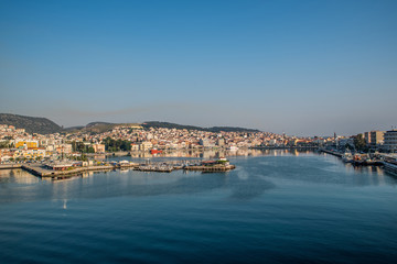 Fototapeta na wymiar Mytilene port early in the morning as seen from the boat, in the island of Lesvos, Greece