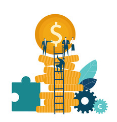 Bankers looking over the hip of coins. Golden coins, savings, mortgage,  wage, salary and profitable business. 