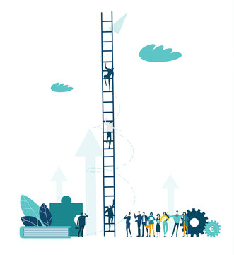 Business and professional people waiting in queue to go on professional ladder.  Business concept illustration