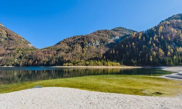 Raibl Lake near Predil pass in Italian Alps.
