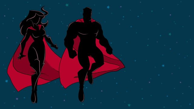 Superhero Couple Flying in Space Silhouette