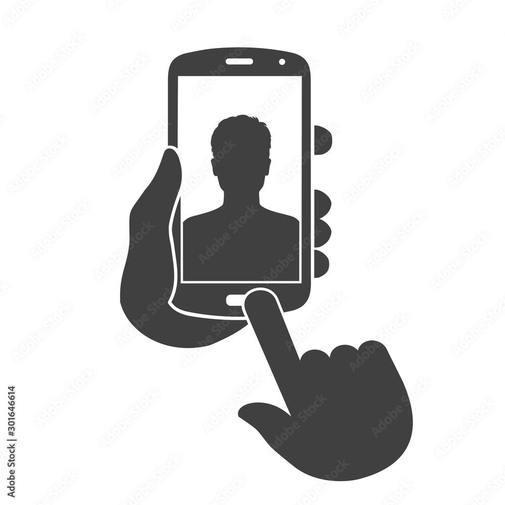Poster man takes a selfie photo on smartphone. phone in hand and click finger to take a photo. human hand h
