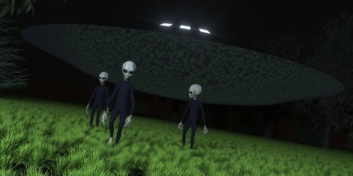 Alien Ufo in Forest with three Grey Aliens extremely detailed and realistic high resolution 3d illustration