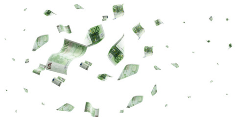 Money stack. Falling banknotes. European money on white isolation background.