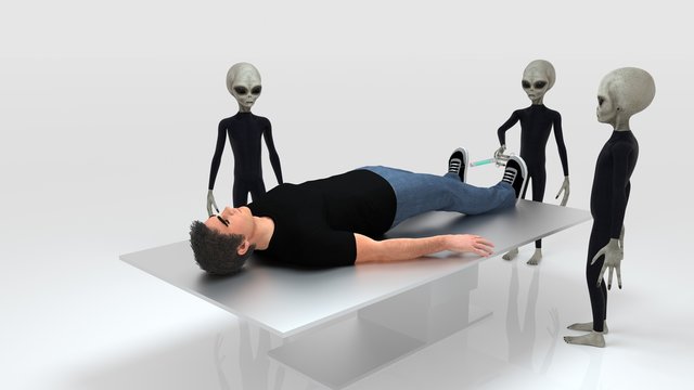 Alien Abduction With Three Grey Aliens And Human On Surgery Table Extremely Detailed And Realistic High Resolution 3d Illustration