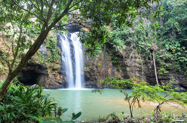 Amazing crystalline Blue water Salto de La India Waterfall in Santander, Colombia.  Long Exposure