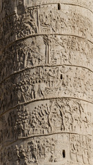 reliefs of ancient rome, close-up on the aurelian column, part of the archealogical heritage from ancient roman empire. Rome. Italy.