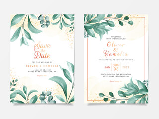Greenery wedding invitation card template set with elegant leaves frame decoration. Floral background for save the date, invitation, greeting card, poster, multi-purpose