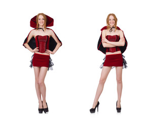 Pretty lady in velvet bordo dress with cap isolated on white