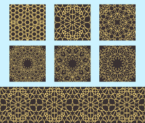 Set of Islamic seamless ornament, persian decor motiff. Ramadan islamic repeat pattern elements . Geometric circular ornamental arabic traditional decoration. Golden background.