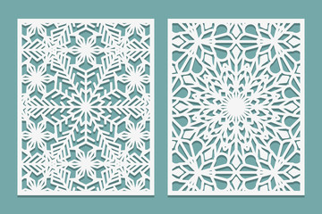 Die and laser cut decorative panels with snowflakes pattern. Laser cutting lace borders. Set of Wedding Invitation or greeting card templates.