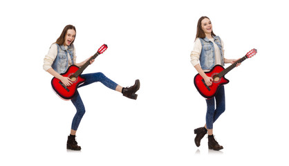 Fototapeta na wymiar Young smiling girl with guitar isolated on white