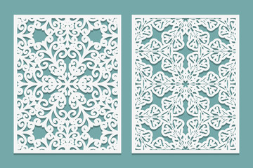Die and laser cut decorative screen panels with snowflakes design. Lazer cutting lace borders. Set of Wedding Invitation or greeting card templates.