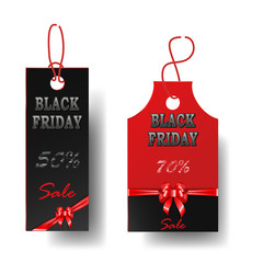 Set of black with red price tags. Elements for black Friday sale ad design. Red bow and ribbon For advertising gifts and discounts.