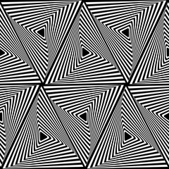 Abstract Seamless pattern with striped black white triangles. Optical art illusion effect. Graphic line background. Geometric Futuristic vibrant design.