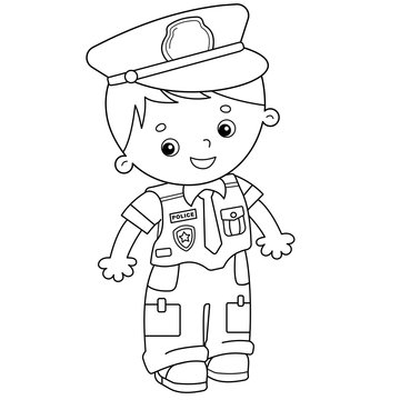 Coloring Page Outline Of cartoon policeman. Profession - police. Coloring book for kids.
