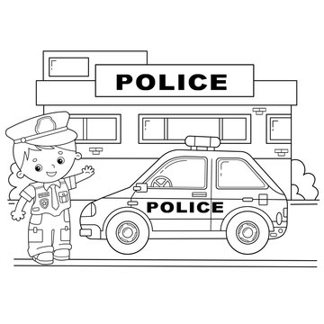 Coloring Page Outline Of cartoon policeman with car. Profession - police. Image transport or vehicle for children. Coloring book for kids.