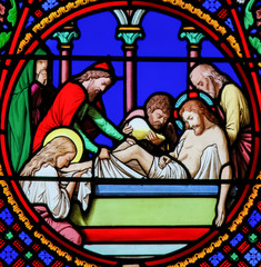 Fototapeta na wymiar Stained Glass in Notre-Dame-des-flots, Le Havre - Burial of Jesus