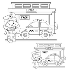 Educational Puzzle Game for kids: numbers game. Taxi. Coloring Page Outline Of cartoon taxi driver with car.  Coloring book for children.