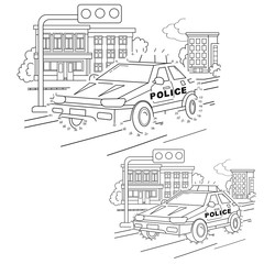 Educational Puzzle Game for kids: numbers game.Police car. Coloring Page Outline Of cartoon policeman with car. Coloring book for children.