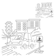 Educational Puzzle Game for kids: numbers game. Car. Coloring Page Outline Of cartoon car with driver on road. Coloring book for children.