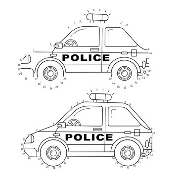 Educational Puzzle Game for kids: numbers game. Police car. Images transport or vehicle for children. Coloring book.