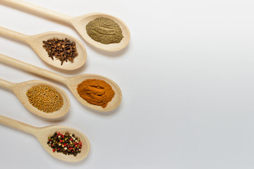 Five wooden spoons with herbs on white background. Black pepper, aromatic cloves, mustard, pepper peas, paprika. Photo with copy blank space.