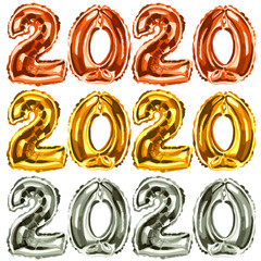 Vector illustration of gold, rose gold and silver shiny 2020 balloon set for New year card invitation
