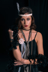 Roaring twenties poster flapper party girl, vintage 20s fashion style and make up and hairstyle,...