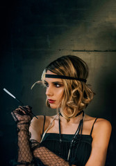 Roaring twenties poster flapper party girl, vintage 20s fashion style and make up and hairstyle,...
