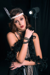 Roaring twenties poster flapper party girl, vintage 20s fashion style and make up and hairstyle,...