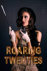 Roaring twenties poster flapper party girl, vintage 20s fashion style and make up and hairstyle,...