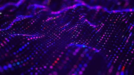 Futuristic dots background. Color music sound waves. Big data visualization. 3d rendering.