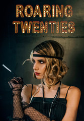 Roaring twenties poster flapper party girl, vintage 20s fashion style and make up and hairstyle,...