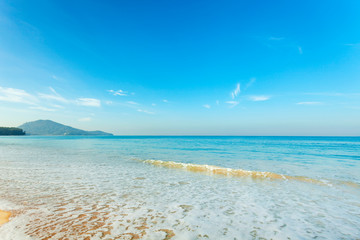 Amazing blue sky and calm Andaman sea in the morning Beautiful white sand beach nature for background and summer design