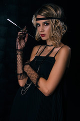 Roaring twenties poster flapper party girl, vintage 20s fashion style and make up and hairstyle, costume, model young woman, Caucasian girl