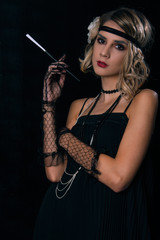 Roaring twenties poster flapper party girl, vintage 20s fashion style and make up and hairstyle,...