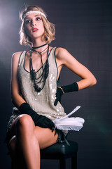 Roaring twenties poster flapper party girl, vintage 20s fashion style and make up and hairstyle,...