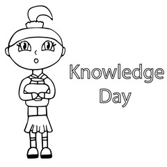 little surprised schoolgirl in a school uniform holds a briefcase. event poster. isolated outline vector illustration